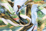 Swirled swatch river bottom stripes fabric (lake horizon during the day with thick bark lines separating graphics, lake bed with rocks and greenery and colourful fish. 2 patterns repeated)