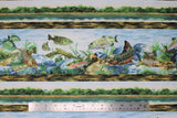 Flat swatch river bottom stripes fabric (lake horizon during the day with thick bark lines separating graphics, lake bed with rocks and greenery and colourful fish. 2 patterns repeated)