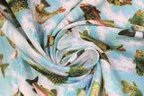 Swirled swatch tossed fish fabric (light blue and white splashing water background with assorted tossed full colour lake fish)
