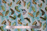 Flat swatch tossed fish fabric (light blue and white splashing water background with assorted tossed full colour lake fish)