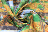 Swirled swatch Stripe fabric (illustrative style full colour forest scenes with jumping deer in stripes with grey stripes separating)