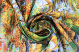 Swirled swatch Forest Scene fabric (busy illustrative style full colour forest scene allover with trees, water and deer)