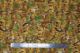 Flat swatch Layered Deer fabric (illustrative style full colour deer collage allover with grass and leaves)