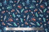 Flat swatch whale themed fabric in Small Sea Life (assorted small cartoon sea creatures on blue)