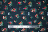Flat swatch Mushrooms fabric (navy fabric with tossed mushroom patches in beige, reds and greenery)