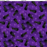 Square swatch Black Cat Purple fabric (purple marbled look fabric with light purple polka dots and tossed sitting black cats allover)