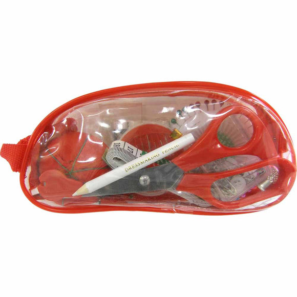 Sewing kit in clear soft case (red). Incl: pin cushion, scissors, tape measure, tracing wheel, thimble, dressmaking pencil, needle threader & cutter, seam ripper, 10 thread spools, needle compact, pins wheel, safety pins, snap fasteners, wool needle, shirt buttons, hooks & eyes.