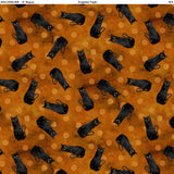Square swatch Black Cat Orange fabric (orange marbled look fabric with light orange polka dots and tossed sitting black cats allover)