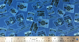 Flat swatch of car service poster signs printed fabric in indigo (medium blue fabric with blue/white/black rectangle bagdes with light blue outlines and car emblems/text within in a vintage style)