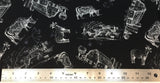 Flat swatch of cow and goat barn printed fabric in black (black fabric with tossed white outlines of various style cows, goats and barns)