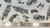 Flat swatch of cow and goat barn printed fabric in white (white fabric with tossed black outlines of various style cows, goats and barns)