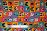 Flat swatch Dog Check fabric (yellow, orange, blue and pink squares allover with illustrative full colour dog heads in various breeds)