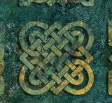 Solstice Collection fabric in style Celtic knot on Teal (marbled teal fabric with intricate gold Celtic knots)