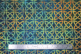 Flat swatch interlocked knots fabric (dark teal marbled fabric with repeated circular gold interlocked celtic style knot pattern allover)