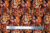 Flat swatch Pastry fabric (realistic look busy collage of assorted breads, pastries, etc. in brown wicker baskets and outside of them)