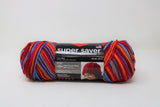 Ball of yarn in sunrise (bright red, bright orange, cranberry, medium blue colourway)