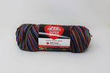 Ball of yarn in earthy (mustard, dark green, blue, purple, rust, black colourway)