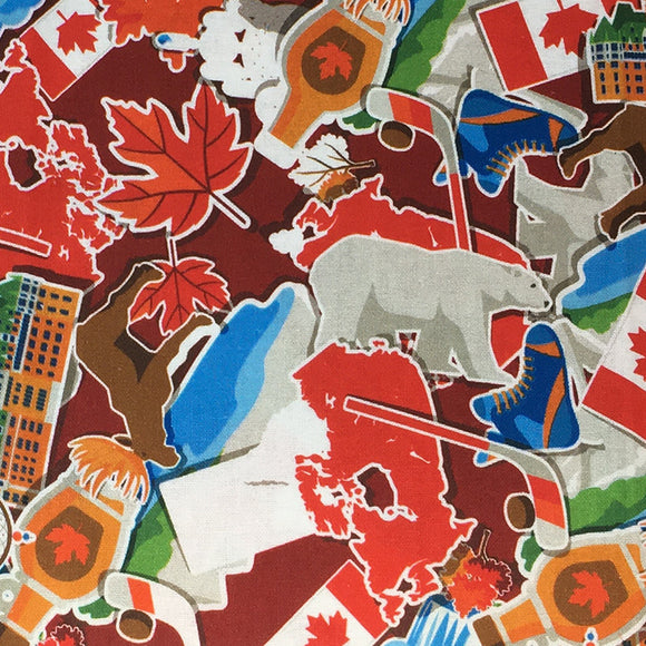 Square swatch of Canada montage printed fabric (burgundy/wine coloured fabric with tossed Canadian themed stickers in full colour with white edges: blue hockey skates, white polar bears, maple syrup jugs, Canadian flags, parliament buildings, moose, provinces, etc.)