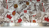Flat swatch cartoon beavers and maple syrup Canada printed fabric in neutral (pale beige/grey fabric with layered tossed emblems: beaver, pancakes, syrup, canoes, etc. first in white and layered on top in colourway red, black, beige)