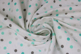 Swirled swatch Multi Dot fabric (white fabric with medium amount of dots allover in light grey, dark grey and mint)