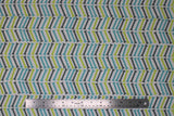 Flat swatch herringbone fabric (white fabric with grey, green and teal thin and long dog bones creating herringbone/chevron like pattern allover)