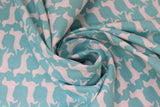 Swirled swatch dogs fabric (white fabric with aqua blue small dog abstract look shapes allover in neat lines/stripes)