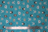 Flat swatch friends fabric (bright teal blue fabric with cross hatch style lines allover in background, tossed medium sized nordic friends heads cartoon style in colour: penguin, bunny, polar bear, walrus, etc.)