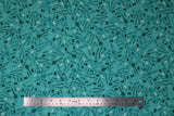 Flat swatch utensils fabric (teal blue/green fabric with small tossed kitchen utensils allover in black and grey with tossed black grey and white noodles)