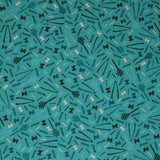 Square swatch utensils fabric (teal blue/green fabric with small tossed kitchen utensils allover in black and grey with tossed black grey and white noodles)