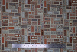 Flat swatch doors printed fabric (white fabric with horizontal and vertical drawn-style doors allover in various styles/colours following a white, grey, burnt orange, burgundy colourway)