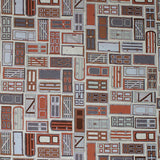 Square swatch doors printed fabric (white fabric with horizontal and vertical drawn-style doors allover in various styles/colours following a white, grey, burnt orange, burgundy colourway)