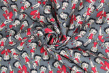 Swirled swatch Betty Boop fabric (grey fabric with tossed full colour Betty Boop characters allover in various poses)