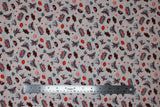 Flat swatch Tattoos fabric (white fabric with tossed traditional style tattoo emblems allover in full colour/red toned style: peace signs, kisses, anchors, hearts, etc.)