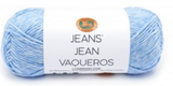 A ball of Lion Brand Jeans in colourway Faded (heathered light blue)