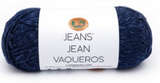A ball of Lion Brand Jeans in colourway Brand New (deep indigo with light blue flecks)