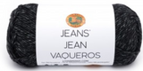 A ball of Lion Brand Jeans in colourway Stovepipe (dark grey with light grey flecks)