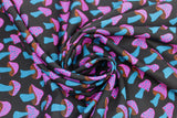 Swirled swatch Mushrooms fabric (black fabric with blue and purple mushrooms allover)