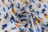 Swirled swatch Wheel Barrow fabric (white fabric with blue and yellow wheel barrows tossed)