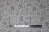 Flat swatch take a hike ash fabric (white fabric with grey badges, text, and graphics allover related to hiking including "Roam" "Take a Hike" etc text, mountain and tree graphics, tipis, circular and rectangle badges with and without text)