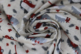 Swirled swatch Canada themed printed fabric in linen camper (red campers and winter accessories on beige)