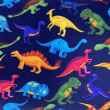 Square swatch knit material in colourful dino (yellow, green, blue, pink, orange cartoon dinosaurs on dark blue)