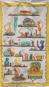 Group swatch assorted Purrfect Day (cat) themed fabrics in various styles/colours