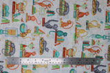 Flat swatch Bookshelf Kitties White fabric (white fabric with busy tossed cartoon style kitties in various colours with book stacks)