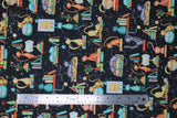 Flat swatch Bookshelf Kitties Black fabric (black fabric with busy tossed cartoon style kitties in various colours with book stacks)