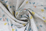 Swirled swatch Green & Orange fabric (grey fabric with tossed leaves, sprigs and berry dots in orange, white, green, turquoise)