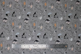Flat swatch Play Kitty fabric (grey fabric with doodle style cats allover in various colours all playing, tossed balls of yarn and small white cursive text "play" "kitty" etc.)