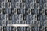 Flat swatch Cruiser fabric (white grey and black rectangles allover with black and white muscle cars within)
