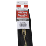 55cm medium weight one way separating outerwear zipper in black with brass zipper pull and label