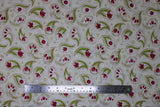 Flat swatch Cream fabric (cream coloured fabric with fuchsia tulips with greenery  in beige paisley like shapes)