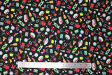 Flat swatch camping toss fabric (black fabric with tiny full colour camping emblems tossed allover: campers, kayaks, BBQs, guitars, fire, chair, flashlight, etc.)